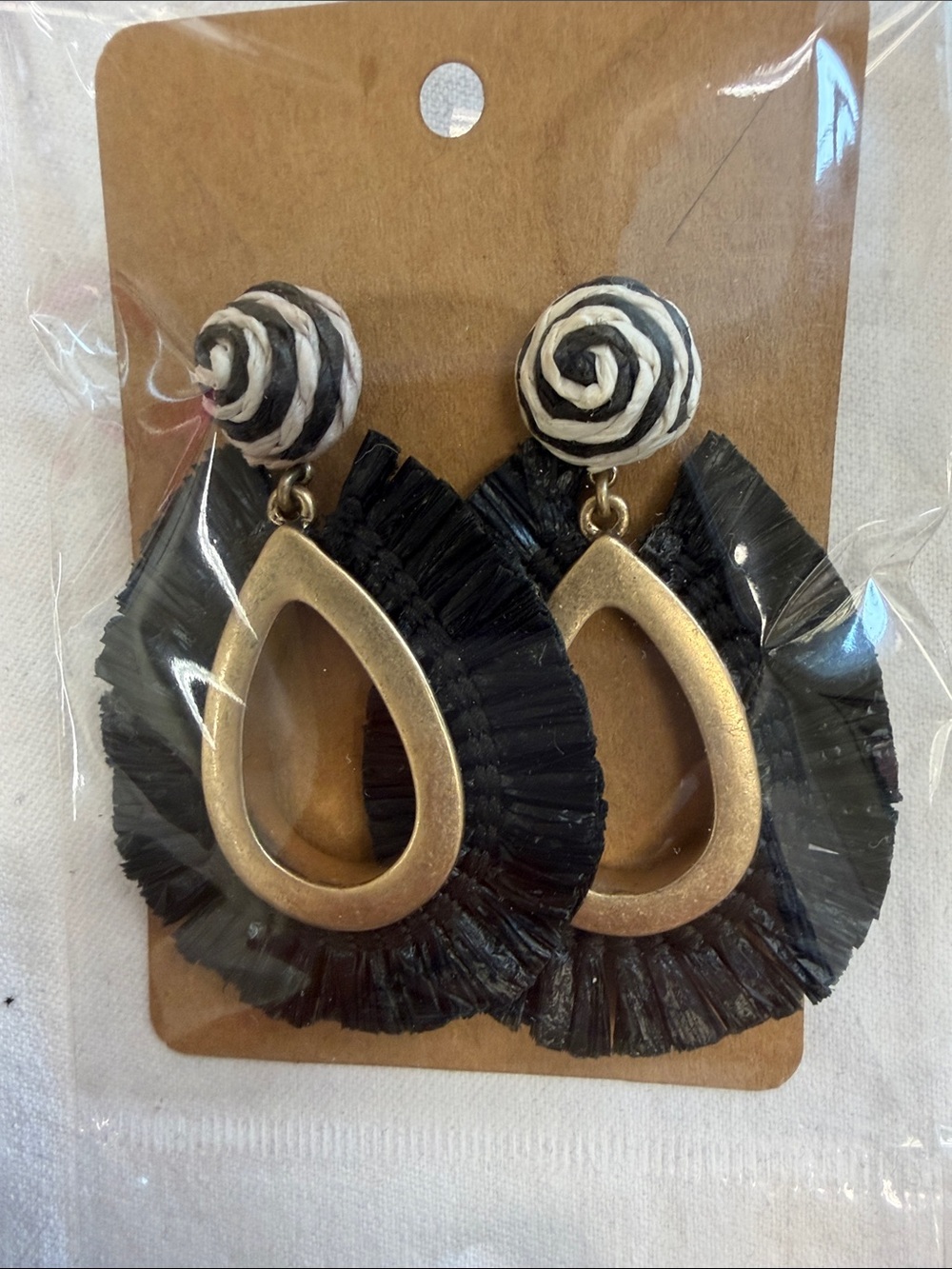 J. Crew Factory Gold Teardrop Black Fringe Swirl Stud Earrings